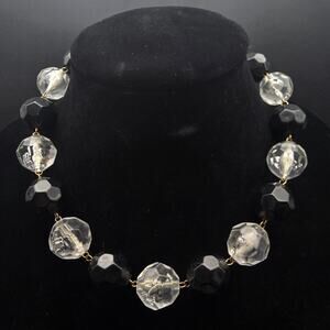 Clear Black Faceted Beaded Necklace Vintage Plastic Jewelry